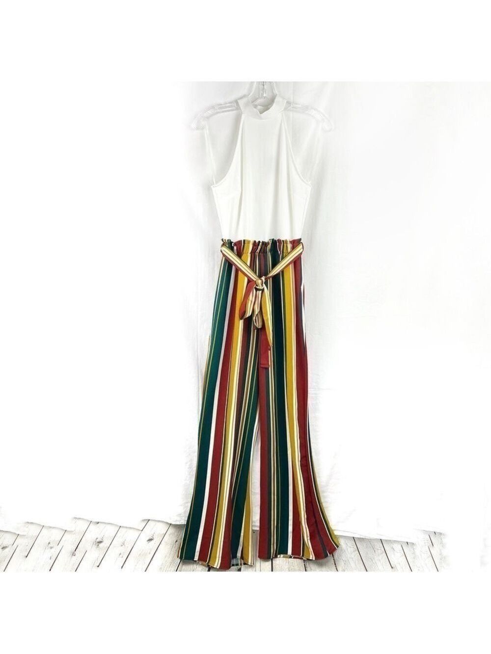 New-shop17 White halter Hi neck Multi Color Vertical Striped Palazzo Jump Suit S